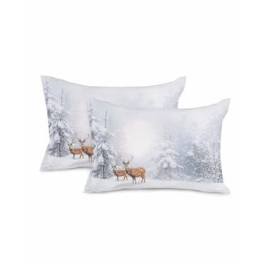 Imagem de Capas de travesseiro de Natal 50 x 30 cm conjunto de 2 almofadas decorativas de veado de árvore de Natal fronhas de almofada lombar alce floco de neve cinza inverno neve almofadas para sofá, cama