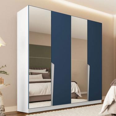 Imagem de Guarda-Roupa Casal Porto 4 Portas 4 Gavetas com Espelho Branco/Azul - Politorno