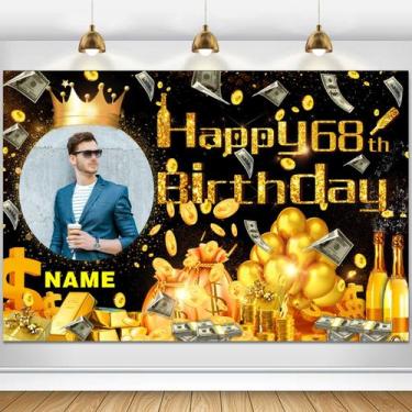 Imagem de Banner AUBAO Feliz 68º aniversário em dólares em dinheiro preto e dour