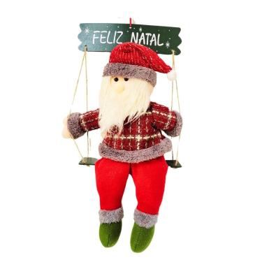 Imagem de Papai Noel Pelúcia Sentado na Gangorra Madeira Rústica e Placa Feliz Natal 43cm - Master Christmas
