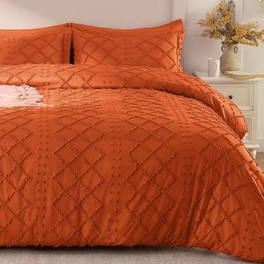 Imagem de VACVELT 5 peças de capa de edredom boho, tamanho casal, capa de edredom tufada laranja queimado com zíper e 8 laços, sem edredom, roupa de cama texturizada chique gasto para fazenda, microfibra