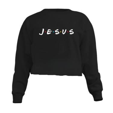 Imagem de Blusa Cropped Moletom Jesus Equilíbrio Bem e Mal Feminino Personalizado com Cintura Descosturada