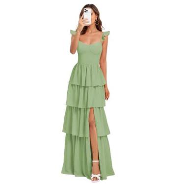 Imagem de Vestido de formatura Dessiny Dusty Sage Chiffon em camadas com alças e