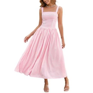 Imagem de Vestido midi XinFsh 2025 de verão xadrez com gola quadrada rosa para m