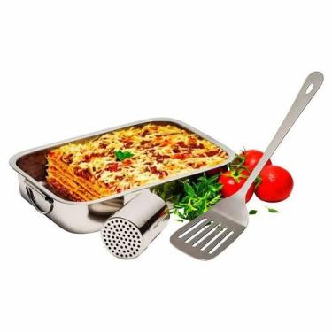 Imagem de Conjunto Servir Lasanha Inox 3 Peças Assadeira Escumadeira Porta Queij