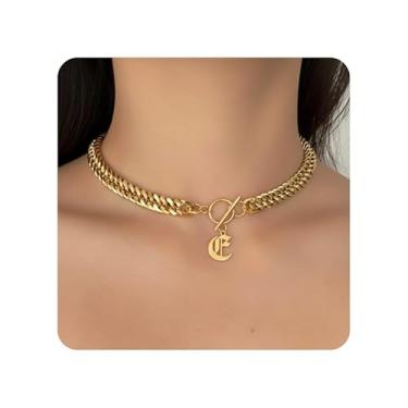 Imagem de ADEMISHIA Colar feminino com inicial inglesa antiga em ouro 18 K, delicado pingente A-Z com corrente cubana de aço inoxidável, gargantilha grossa, colar gargantilha para presente de Halloween e Natal