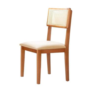 Imagem de Cadeira de Jantar Estofada de Madeira com Encosto em Rattan - Holanda (Linho Bege)