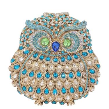 Imagem de Boutique De FGG Mini bolsa clutch de cristal de festa de coruja para mulheres elegantes, bolsas noturnas de animais, bolsa clutch com strass para formatura, Azul claro, Small