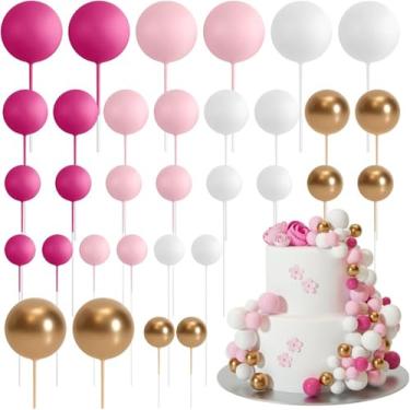 Imagem de LZGXZF 32 peças de topo de bolo em forma de bola enfeite de bolo personalizado bolas de espuma coloridas enfeite de bolo de cupcake para meninos e meninas chá de bebê festa de aniversário aniversário