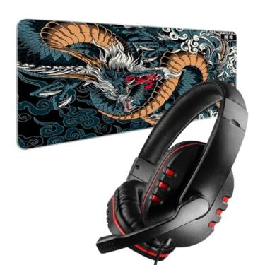 Imagem de Kit Gamer Headset com Mousepad Grande 70x35 Antiderrapante - Preto/Vermelho