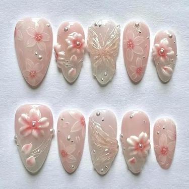 Imagem de Unhas postiças curtas médias amêndoas nude rosa nude com design requintado de flores pérolas cobertura completa bastão falso artificial cola em acrílico para mulheres uso diário, 24 peças