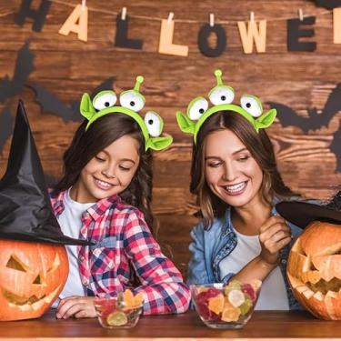 Imagem de 2 peças de tiara verde de pelúcia alienígena com três olhos elásticos lindos acessórios de cabelo para globo ocular