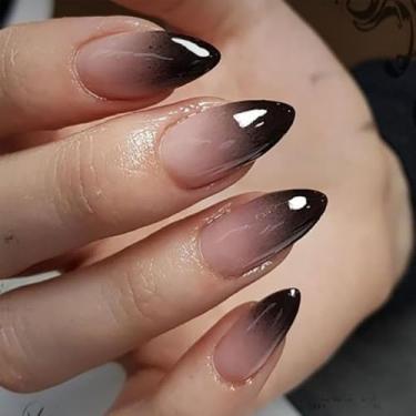 Imagem de Kit de unhas de pressão de amêndoa média, ombré, preto, com cola falsa, conjunto de unhas, cobertura completa, bastão falso artificial em unhas de acrílico, para uso diário, 30 peças