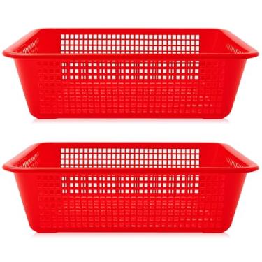 Imagem de Maxdot 2 peças de 18,7 x 14,4 x 14,5 polegadas Escorredor de plástico grande para cozinha retangular perfurado cesta vermelha empilhável filtros para lavagem de legumes, frutas, dreno, macarrão cozido