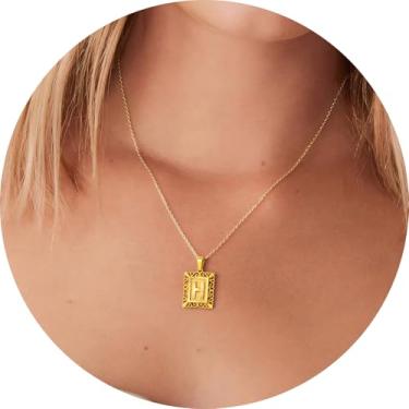 Imagem de Colar com letra inicial para mulheres, aço inoxidável banhado a ouro 18K, pingente retangular A–Z, corrente de 50,8 cm, 20in, Aço inoxidável, Sem Pedra Preciosa