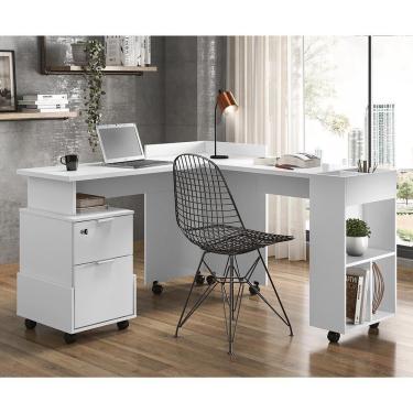 Imagem de Conjunto Office Alessa - Mdf Rodízios Puxadores Cromados Branco - Lukaliam Móveis