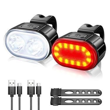 Imagem de Conjunto de luz de bicicleta recarregável por USB, farol dianteiro e LED traseiro, IPX4 à prova d'água, luzes de segurança para equitação noturna