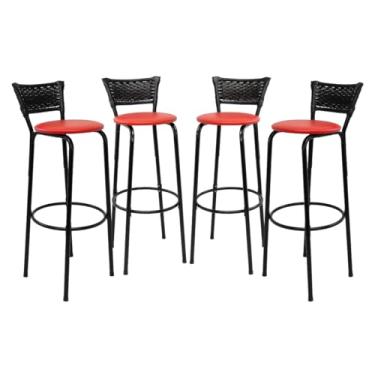 Imagem de Kit 4 Banquetas Altas 80cm Estrutura Preta Encosto Junco Preto Ideal Bancada Cozinha Americana Bares Balcão Ilha Área Gourmet Piscina Itagold (Assento Vermelho)