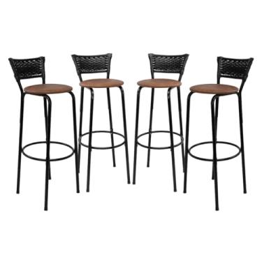 Imagem de Kit 4 Banquetas Altas 80cm Estrutura Preta Encosto Junco Preto Ideal Bancada Cozinha Americana Bares Balcão Ilha Área Gourmet Piscina Itagold (Assento Marrom Claro)