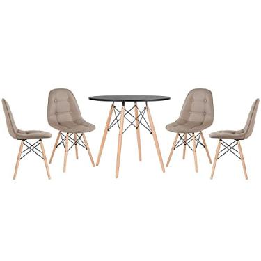 Imagem de Loft7, Kit - Mesa redonda Eames 80 cm preto + 4 cadeiras estofadas Eiffel Botonê Nude
