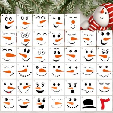 Imagem de 40 peças de estênceis de rosto de boneco de neve – estênceis de Natal reutilizáveis para artesanato, pequenos modelos de rosto de boneco de neve para pintura em madeira, decorações de férias DIY e