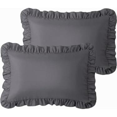 Imagem de Pacote com 2 fronhas com babados, fronhas de almofada de microfibra escovada com borda de babados e fecho de envelope para decoração de cama (cinza escuro, padrão - 50 x 66 cm)