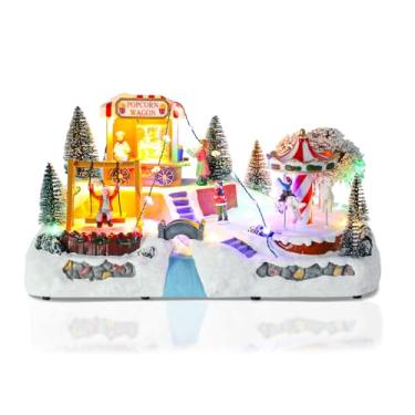 Imagem de taman Casas de Aldeia de Natal - Edifícios Colecionáveis de Parque de Diversões Musical com Carrossel, Baloiço, Ornamentos de Carroça de Pipoca para Decorações de Natal