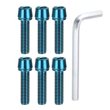 Imagem de PATIKIL Parafusos de haste de bicicleta M5 x 20 mm, 6 parafusos sextavados cônicos com arruelas e chave para haste de bicicleta de estrada BMX MTB, azul