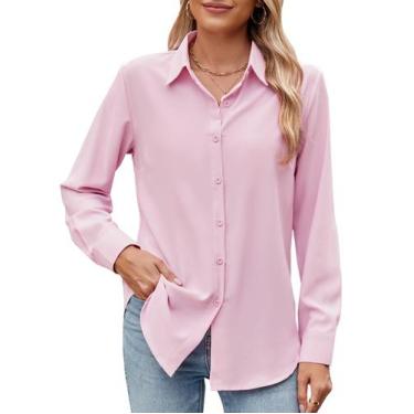 Imagem de Camisa feminina GlianTok de manga comprida com botões rosa chiffon