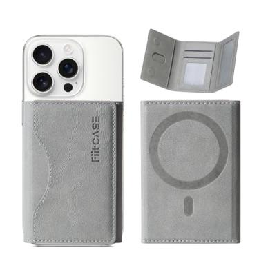 Imagem de FiitCASE Para MagSafe Carteira magnética com três dobras para cartão - Carteira minimalista de ímã forte compatível com iPhone 16/15/14/13/12 Pro Max Plus e para capas MagSafe, couro PU premium (cinza