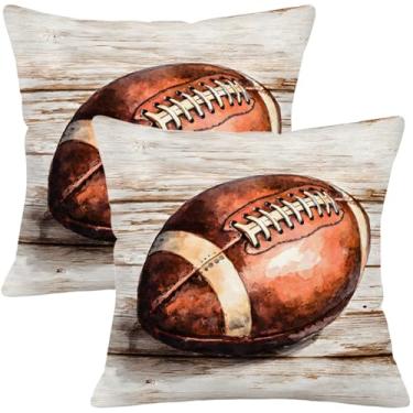 Imagem de Puacino Capas de almofada de futebol 45,7 x 45,7 cm, fundo de madeira rústica com tema esportivo, 2 fronhas decorativas para sofá de sofá, capas de almofada de linho impressas nos dois lados para dia