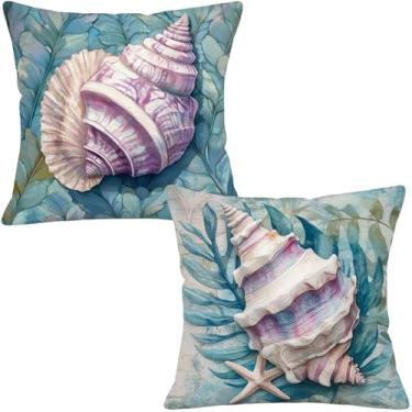 Imagem de Puacino Conjunto de 2 capas de almofada de concha costeira, 50 x 50 cm, praia, folhas tropicais, náuticas, folhas tropicais, capas de almofada com estampa dupla face para sofá, sofá, pátio, varanda