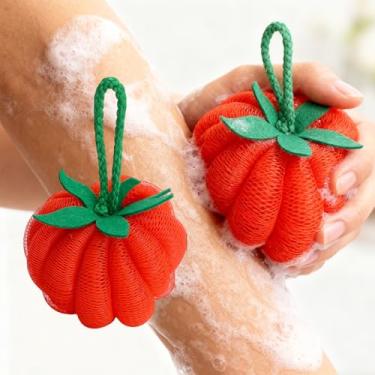 Imagem de Esponja de banho em forma de fruta esponja de banho esfregão corporal malha macia chuveiro puff banho esponja em forma de fruta para mulheres e homens acessórios de banho (tomate, 9 x 7 x 7 cm)