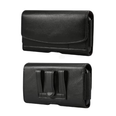 Imagem de Bolsa de cintura horizontal para celular masculina, bolso para cinto para celular com suporte de cartão de couro, capa universal de couro com cinto, suporte de cintura para smartphone e alça de cinto