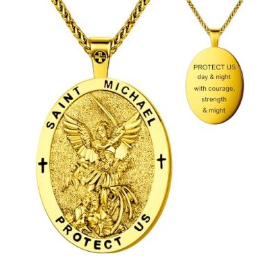 Imagem de Colar de medalhão oval de São Miguel, cobre banhado a ouro, pingente de 5 x 3 cm com corrente de 40 cm + 5 cm, medalha de oração de proteção religiosa, colares com pingente de cruz religiosa com