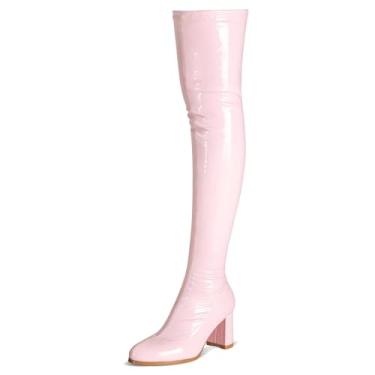 Imagem de girgod Botas de cano alto femininas sexy bico fino acima do joelho, cosplay, dança, festa, couro envernizado, salto grosso, botas de cano alto GOGO, rosa, 40