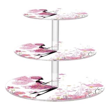 Imagem de Blueangle Suporte redondo de cupcake de 3 camadas – Torre de sobremesa acrílica de fada borboletas de flores rosa, suporte de sobremesa em camadas antiderrapante para chá de bebê, aniversário, festa