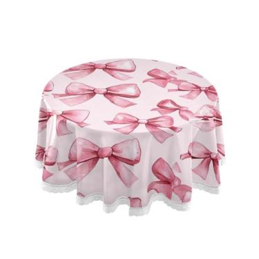 Imagem de SEHANY Toalha de mesa redonda com laço rosa de 152 cm, tecido lavável sem rugas, toalha de mesa decorativa de renda para restaurante, casamento, acampamento, festa de cinco de maio