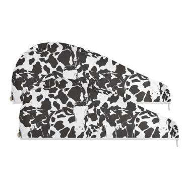 Imagem de SEHANY Toalha de cabelo de microfibra com estampa de vaca preta e branca, 2 peças, turbantes de cabelo de secagem rápida com botão, touca de cabelo seco absorvente, toalha de secagem de cabelo para