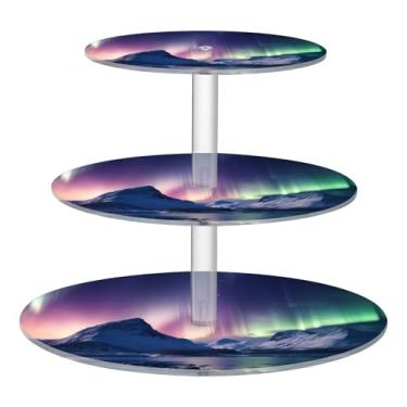 Imagem de Blueangle Suporte redondo de cupcake de 3 camadas – Torre de sobremesa de acrílico Aurora Boreal de inverno, suporte de sobremesa em camadas antiderrapante para chá de bebê, aniversário, festa de