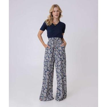 Imagem de Calça Pantalona Feminina Folhas Marisa-96162, Azul, 36