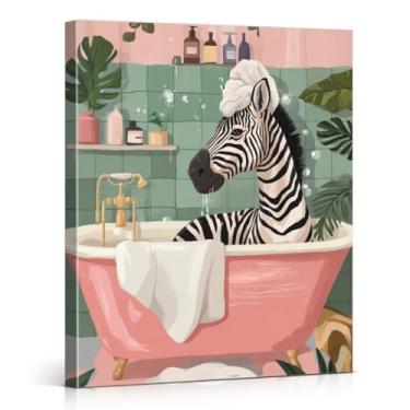 Imagem de Impressão de arte de parede de zebra botânica engraçada zebra moderna na banheira imagem de pôster de animal tropical banheiro decoração de parede 20x25 tela emoldurada