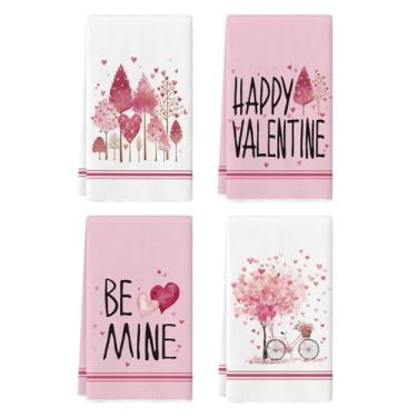 Imagem de Artoid Mode Toalha de prato rosa amor coração árvore bicicleta feliz dia dos namorados, 45 x 66 cm, decoração de casamento, conjunto de limpeza de 4