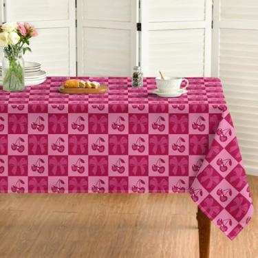 Imagem de Horaldaily Toalha de mesa de cereja retangular, 152 cm x 213 cm, estampa de cereja doce e laços, capa de mesa lavável sazonal para aniversário, chá de bebê, festa de casamento