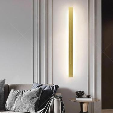 Imagem de GZZBMY LED Apliques de parede interior moderno longa linear candeeiros de parede metal alumínio minimalista sala de estar iluminação para quarto corredor escadas cabeceira (luz branca dourada, 80 cm)