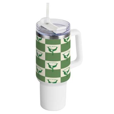 Imagem de Kigai Copo de grade de tulipa verde de 1,134 g com tampa e canudo, copo isolado de aço inoxidável durável à prova de vazamento com alça, garrafas de água à prova de derramamento para viagens