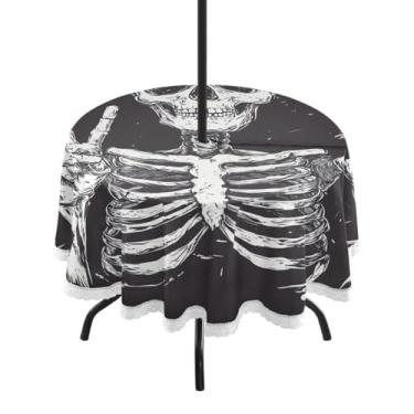 Imagem de CEBUGI Toalha de mesa redonda para ambientes externos, esqueleto, impermeável, com furo Umberlla, capa de mesa lavável para pátio, cozinha, sala de jantar, 152 cm