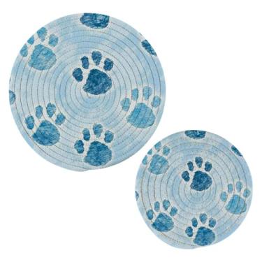 Imagem de Wassud Conjunto de tripé com estampa de pata azul para pratos quentes, suportes redondos de algodão, almofadas quentes, porta-copos elegantes, decoração de cozinha e acessórios, 2 peças