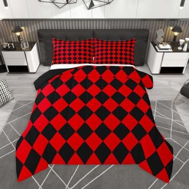 Imagem de Feelyou Conjunto de edredom xadrez de diamante para todas as estações, conjunto de cama quadriculado de búfalo xadrez com 2 fronhas, clássico, de microfibra vermelha, preta, para decoração de quarto