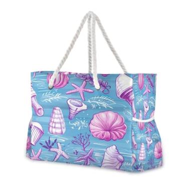 Imagem de Wassud Bolsa de praia linda vida oceânica grande bolsa de praia para mulheres, impermeável, à prova de areia, bolsa de viagem com zíper e bolso para piscina, academia, acampamento
